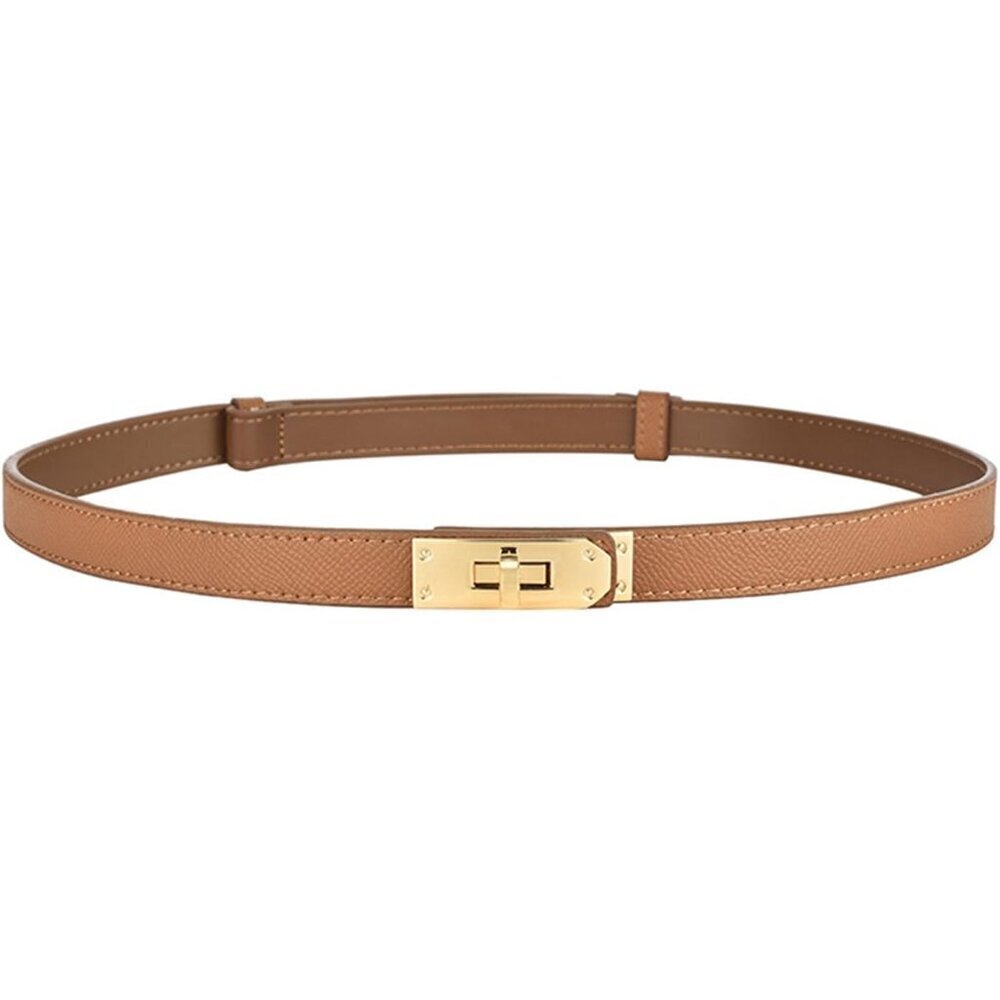 Women’s Leather Skinny Belt Adjustable Solid Color Alloy Turn Lock for Dresses